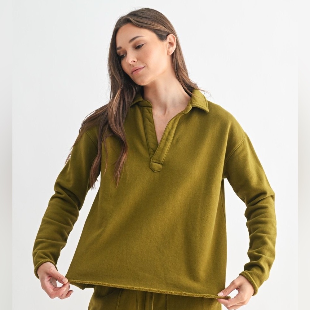 Camo Green 100% Cotton Long Sleeve Henley Long Sleeve V-Neck Top